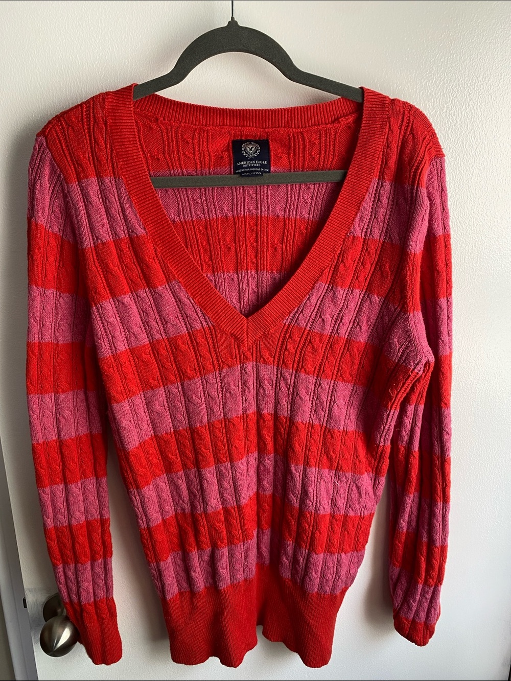 American Eagle Outfitters V-Neck Striped Cable Knit Sweater - Red & Pink